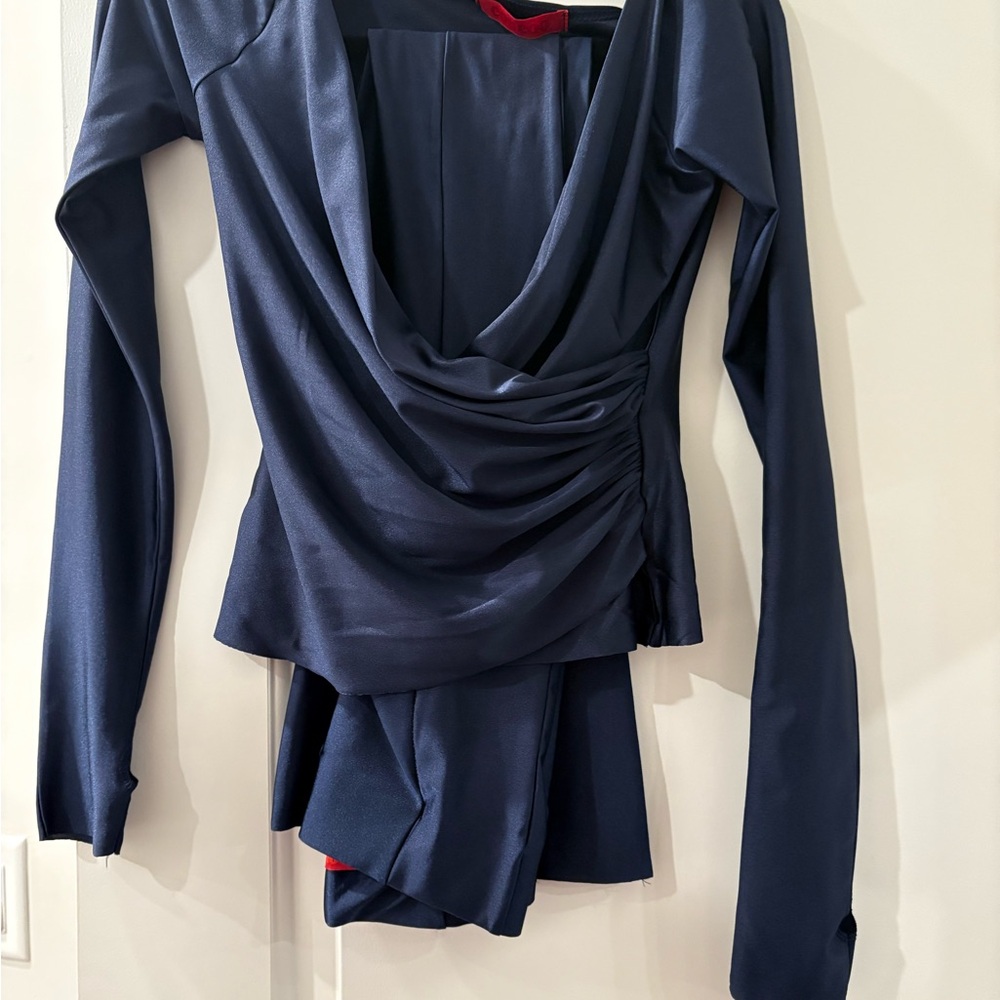 Elegant Navy Blue Long Sleeve Top & Pants Set